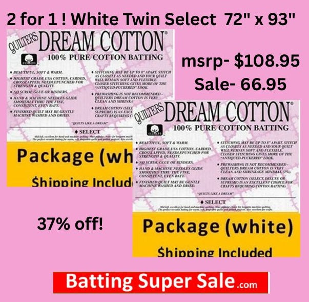 W4TWPK-2 Dream Cotton White Select Batting (2 Packages, Twin 72 in x 93 in) shipping included! (Copy)