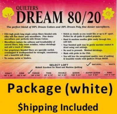 Dream 80/20 White Select Batting (Package Double 93 in x 96 in) shipping included*