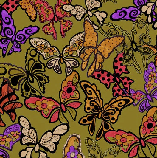 Loralie Flightly Green Cotton Fabric 44in-  Shipping included!