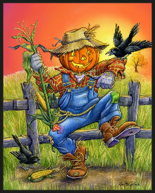 A colorful autumn illustration of a scarecrow with a jack-o'-lantern head, straw hat, blue overalls, and brown boots, sitting on a wooden fence and holding corn. Two black birds are present, along with grass, an ear of corn, and a warm orange-red sky.